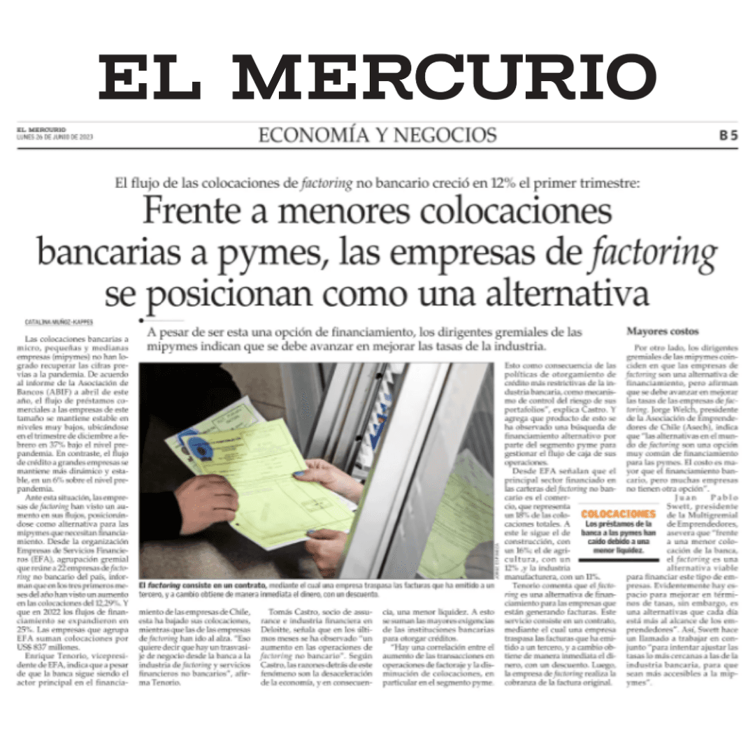 El Mercurio: Frente a menores colocaciones bancarias a pymes, las empresas de Factoring se posicionan como una alternativa