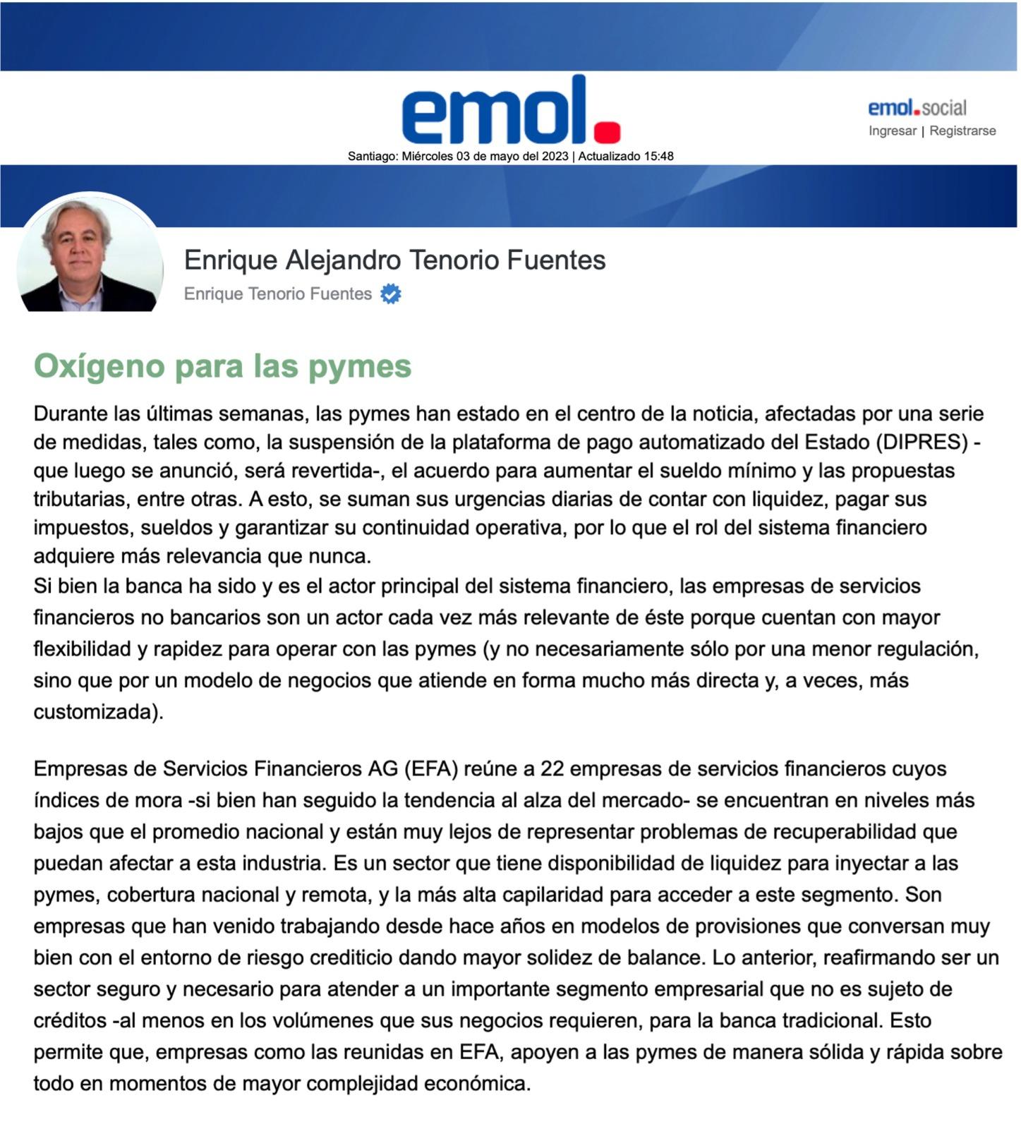 Columna Enrique Tenorio, Gerente General de CFC Capital en Emol.com: "Oxígeno para las pymes"